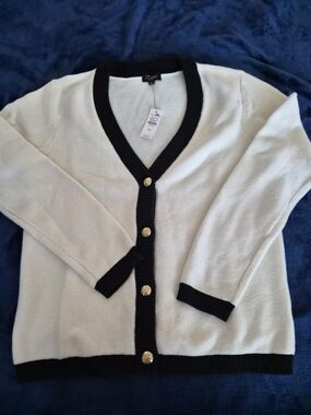 Talbots Ivory Cardigan with Black Trim and Gold Buttons
